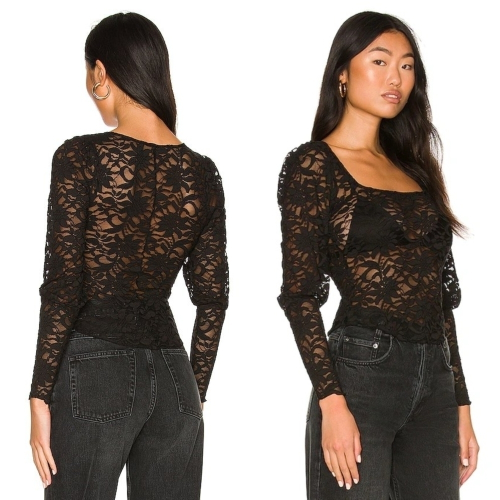 Free People Long Distance Layering top sheer black lace NEW - Picture 2 of 5